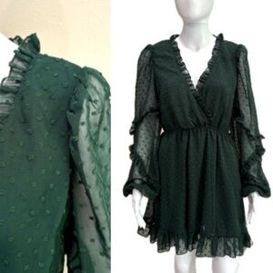 Showpo Sancha Swiss Dot Ruffle Frill Mini Dress Size 6 Emerald Green Long Sleeve